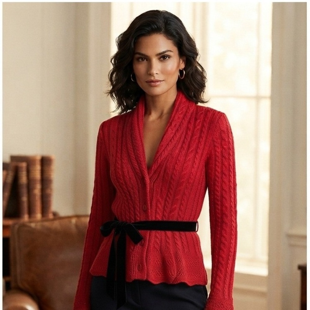 Lauren Ralph Lauren Red Cable Knit Shawl Neck Sweater with Velvet Belt Small